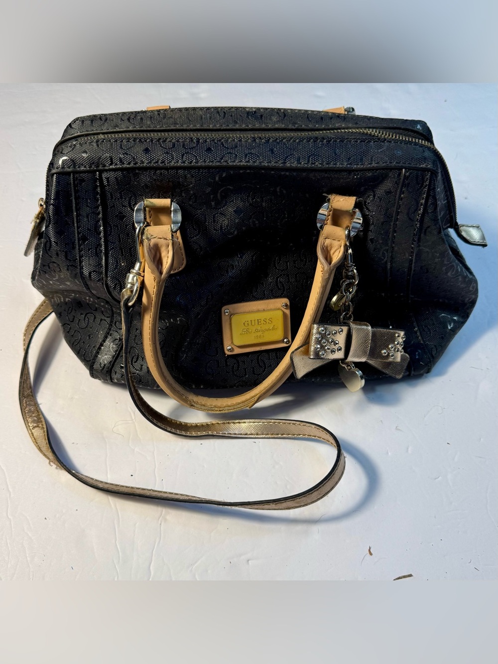 Vintage Guess LA 1981 Black Monogram Studded Satchel Bag Bow Charm Retro Grunge